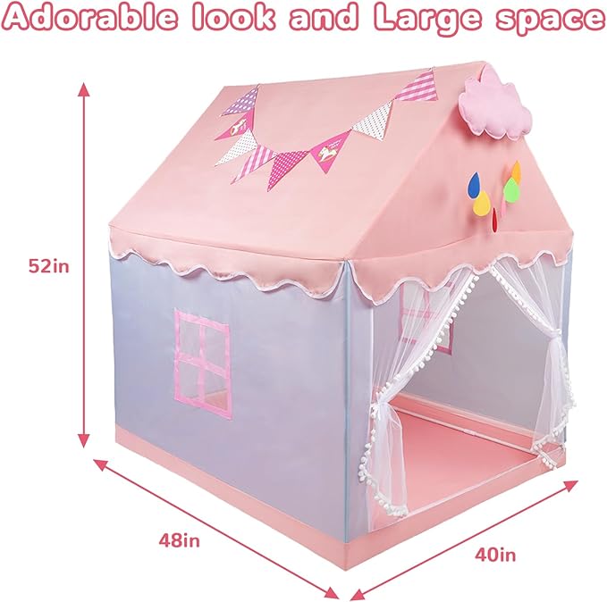 Kids Tent Play Tents for Toddler Children Indoor and Outdoor Large Pink Girls Princess Playhouse Castle with Windows Clouds and Flags Kids Room Furniture 40" L × 48" W × 52" H