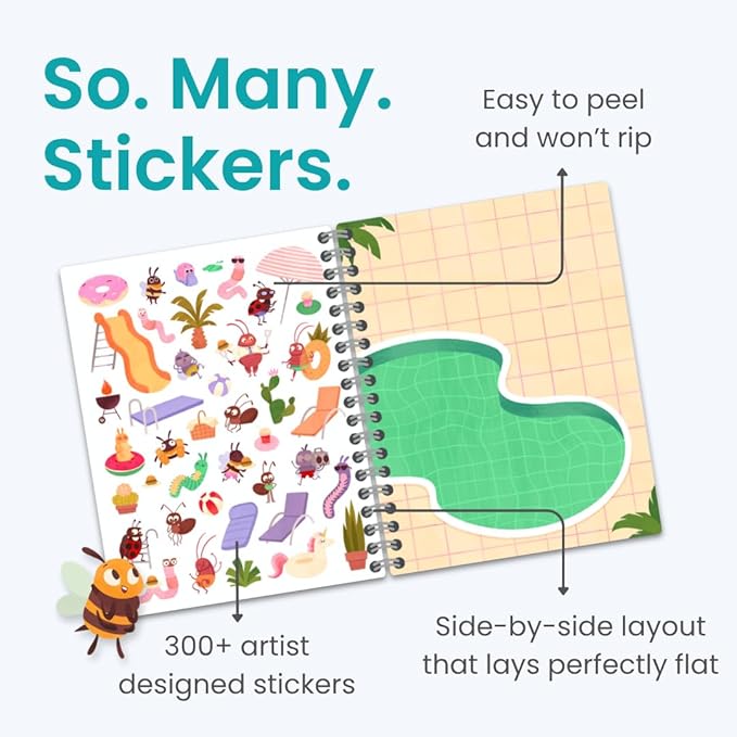 CUPKIN The Life of Busy Bugs Stickers, Toddler Sticker Book for Kids, Fun Bugs Toy, Toddler Road Trip Essentials, 300+ Girly Stickers + 8 Sticker Scenes and Coloring Pages, Bugs Stickers Ages 2+