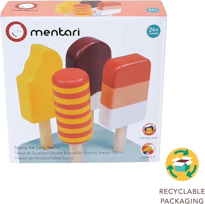 Mentari Toys - Sunny Ice Lolly Stand - 5pc Wood Ice Lolly Popsicle Play Food Set with Base - Pretend Play Food Accessories - Encourage Role Play and Develop Social Skills - Gift for Toddlers - Age 2+