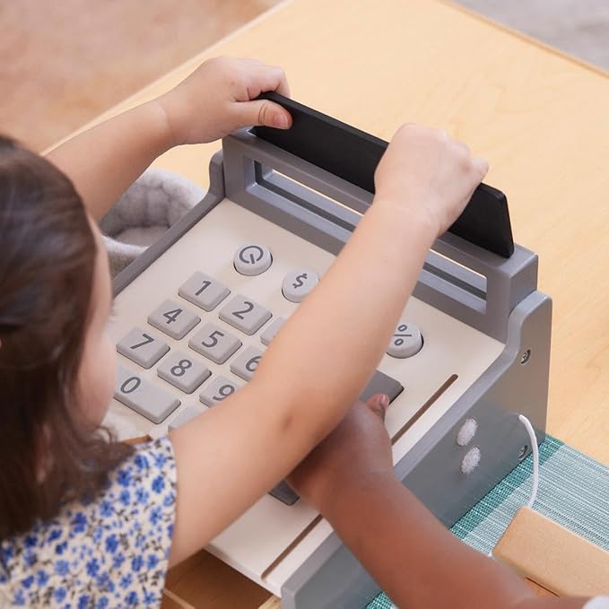 Kaplan Early Learning Wooden Cash Register for Toddlers - Realistic Pretend Play Grocery Store Toy for Dramatic Play - Enhances Imagination & Communication Skills, Ages 18+ Months