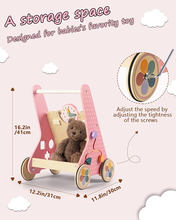 Wooden Baby Walker with Wheels, Baby Push Walkers for Girls 6-12 Months, Push Toys 1 Year Old Girl Small Size