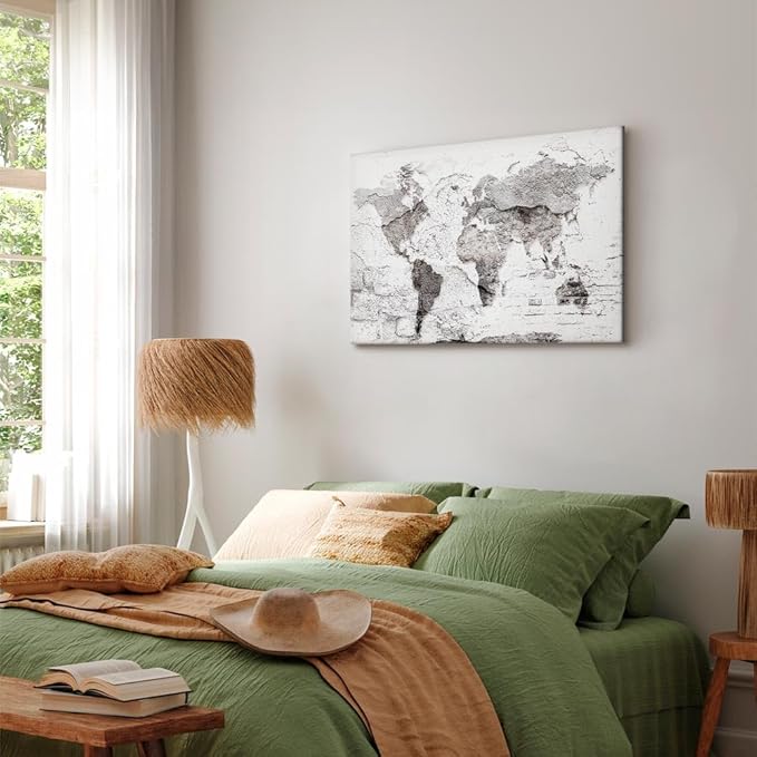 artgeist Canvas Wall Art Print World Map 35x24 in - 1pcs Home Decor Framed Stretched Picture Photo Painting Artwork Image Travel Stone Effect k-C-10014-b-a