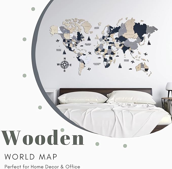 Wooden World Map 3D Art Large Wall Decor - Size (M, L, XL) Any Occasion Gift Idea - Wall Art For Home, Kitchen or Office (M, ALASKA)