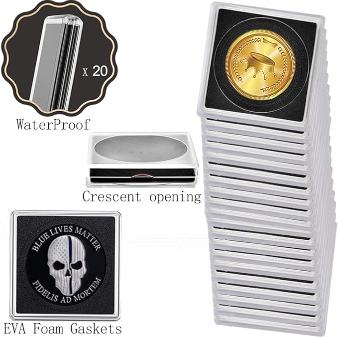 Coin Capsule Coin Snap Holder 2 x 2 Inch Half Dollar Coin Holder, Coin Cases for Collectors Coin Sleeves Collectors for Coin Collection Supplies (Black Foam Gasket, 60)