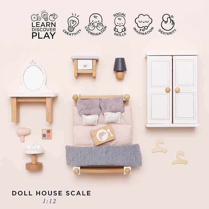 Le Toy Van - Wooden Daisylane Master Bedroom Dolls House | Accessories Play Set For Dolls Houses | Girls and Boys Dolls House Furniture Sets - Suitable For Ages 3+, ME057