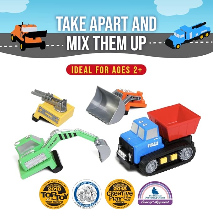 Popular Playthings Magnetic Build-a-Truck Construction Set of 4 Construction Vehicles with Real Construction Site Sounds