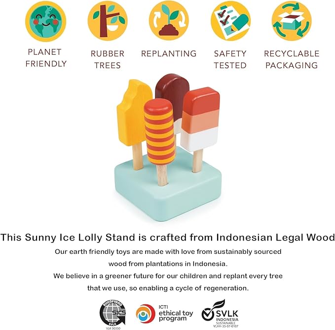 Mentari Toys - Sunny Ice Lolly Stand - 5pc Wood Ice Lolly Popsicle Play Food Set with Base - Pretend Play Food Accessories - Encourage Role Play and Develop Social Skills - Gift for Toddlers - Age 2+