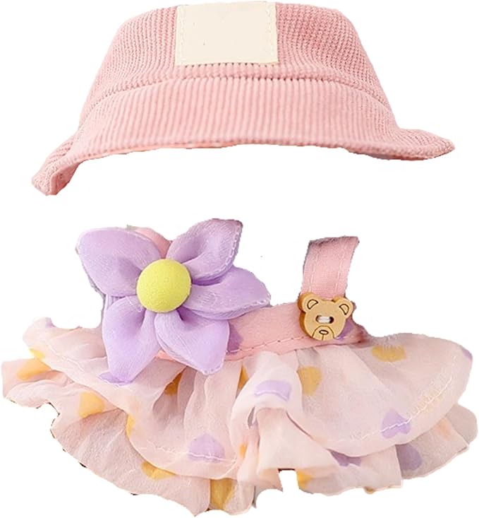 Clothes for 17cm Doll (Clothes Only) – 3-Piece Outfit Set with Hat, Pink Dress and Flower Accessory for an Adorable Dressed-Up Look – 17cm Doll Accessories