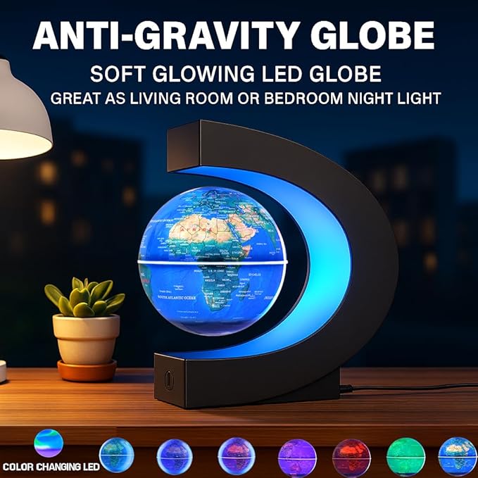 Magnetic Levitating Globe with 7-Color LED Lights, 360° Rotating Floating World Map Lamp, STEM Educational Night Light for Geography Learning, Cool Desk Decor & Unique Gift for Kids & Adults