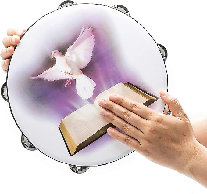 Tambourine 10 inch Dove Bible Double Row Jingle Tambourine for Adults,Handbell Clap Drum Tambourines for Pray Church Party Musical Instrument (10 inch Dove)