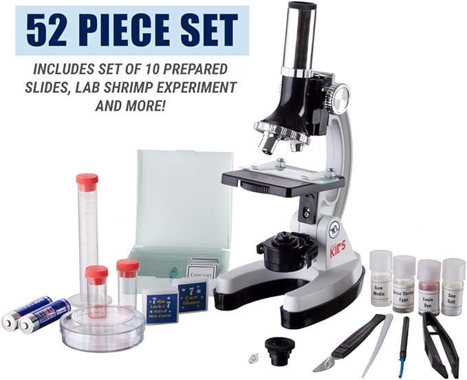 AmScope M30 Series 52-Piece STEM Microscope Kit for Kids - Monocular, Portable Compound Microscope for Kids - Includes The World of The Microscope, Petri Dish, Slides & More - White