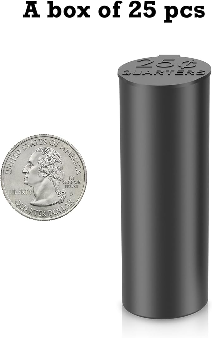 Coin Storage Tubes Set, 40 Pieces per Tube, Quarters, Sturdy Black Design，a Box 25 pcs