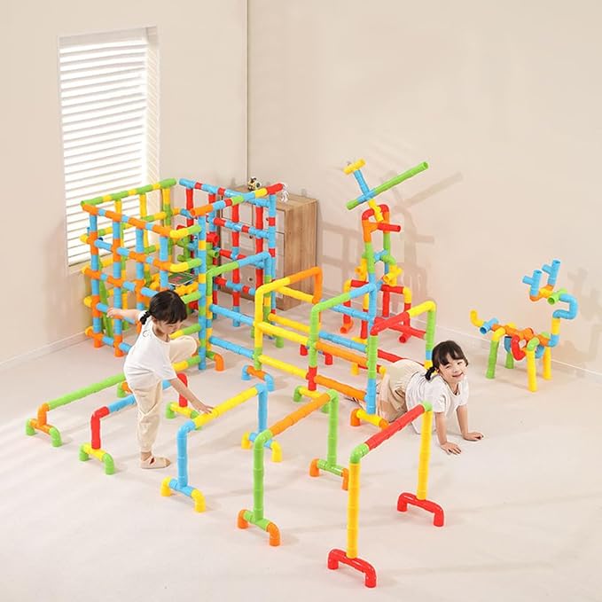 RAINBOW TOYFROG Fun Plus Size 156 Piece Pipe Building Blocks Set for Kids 4-8, Toddlers, Daycare - Educational STEM Interlocking Pipes, Tubes, Construction Blocks. Makes Variety of Cars & Push Toys