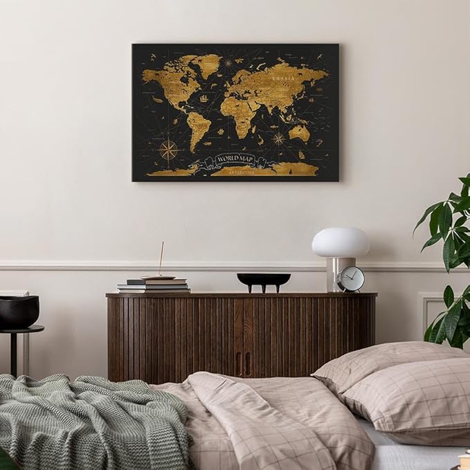 artgeist Canvas Wall Art Print World Map 35x24 in - 1pcs Home Decor Framed Stretched Picture Photo Painting Artwork Modern Art Image World Map Black Continents k-A-0490-b-a