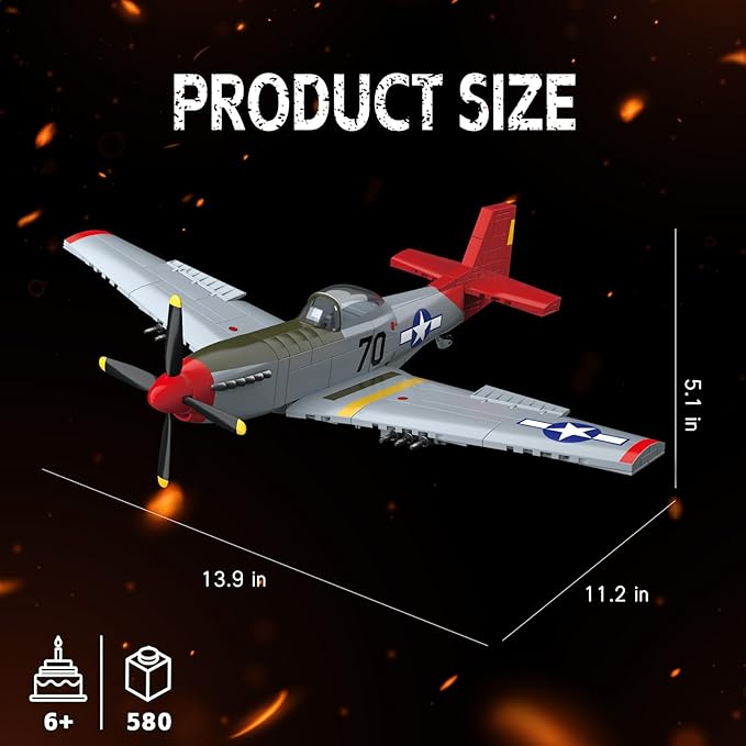 WW2 Military Fighter Jet Airplane P-51 Mustang Air Force Building Blocks Set(580Pcs) Compatible with Lego,Aircraft Toys Building and Military Gifts for Kid and Adult Boys Gift Aged 6+