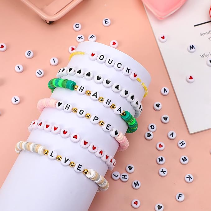 Letter Beads, DECYOOL 1900Pcs 4×7mm Wihte Black Acrylic Alphabet Beads with 1 Roll Elastic String for Bracelet Necklace