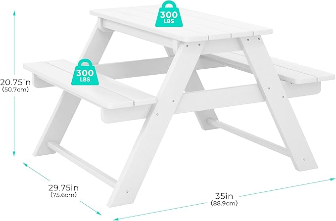 Costaelm Kids Picnic Table, HDPE All Weather Outdoor Toddler Picnic Table and Chair Set Kids Bench for Patio, Backyard, Garden, Lawn, White