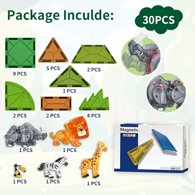 Magnetic Tiles Set Grassland Animals Theme Toys, Magnet Tiles Building Blocks Toys for Kids Ages 5-7 Year Old to STEM Learning