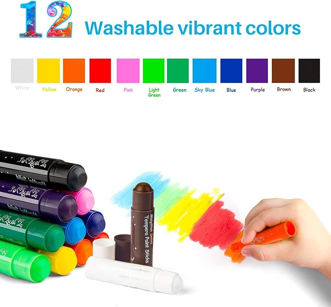 Tempera Paint Sticks - 12 Bright Colors, Quick Drying, Easy to Color and Washable Crayons for Kids and Students
