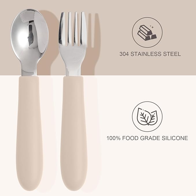 6 Pack Toddler Utensils, Kids Silverware Set with Silicone Handle, Children Safe Forks and Spoons, 18/8 Stainless Steel, Food Grade Silicone Feeding Supplies, Dishwasher Safe
