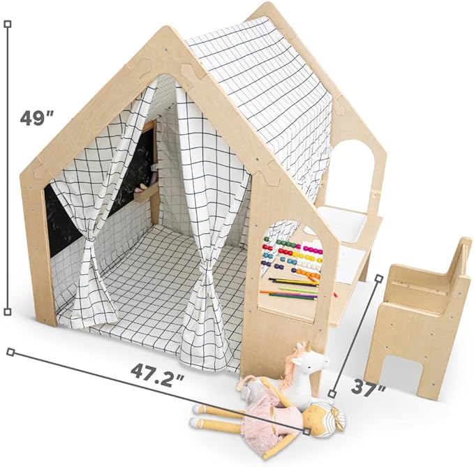 Avenlur Flair - 5 in 1 Indoor Playhouse with Desk Table, Chair, Chalkboard, Floor Cushion and Curtain Shades - Montessori and Waldorf Style for Ages 1 to 8 Years Old - (Large, Colorful Windowpane)