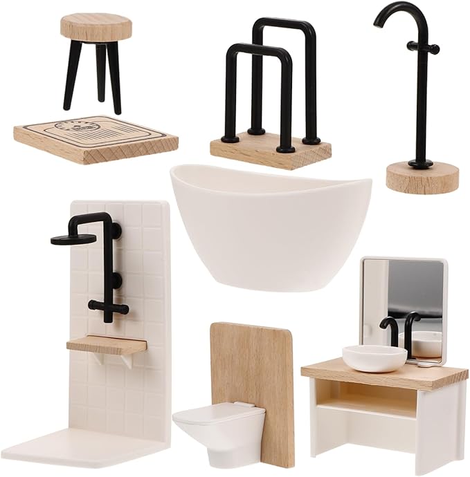 NUOBESTY Dollhouse Bathroom Set, 1 12 Scale Dollhouse Furniture 8pcs Miniature Doll House Bathroom Accessories with Mini Bathtub, Toilet, Shower Room for Doll House Decor Accessories