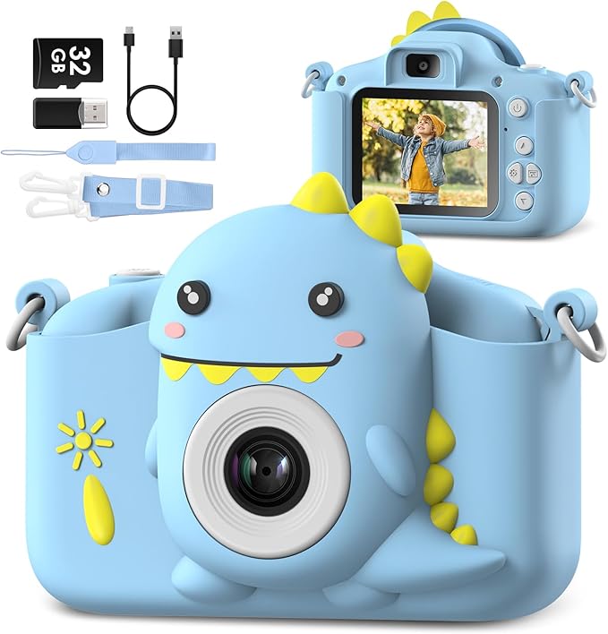 Dinosaur Kids Camera Toys, Birthday Graduation Gifts for Girls Boys 3-12, 1080P HD Selfie Digital Video Camera for Toddlers,Travel Gifts Dino Toys for 4 5 6 7 8 9 Years Old (Blue)