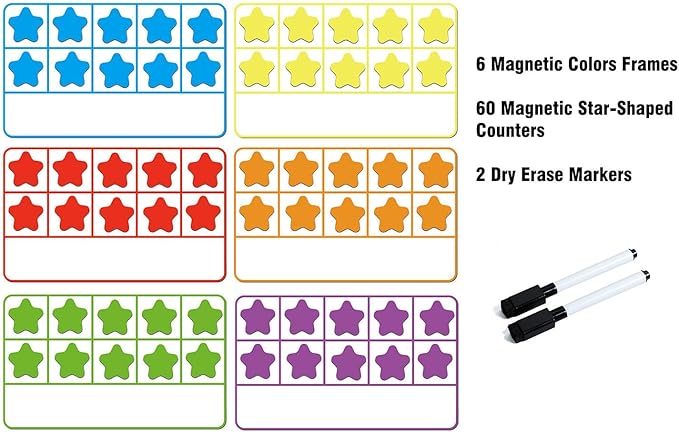 ZazzyKid Magnetic Ten-Frame Set: Math Manipulatives for Classroom Learning Counting Games for Kindergarten Kids - 6 Frames & 60 Star-Shaped Counters - Hands-on or Stick to Whiteboards