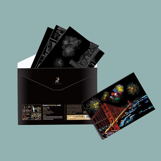 Scratch Art for Teens & Adults, Rainbow Engraving Painting Landscape Scratchboard(A4) Crafts Set: 8 Sheets with 4 tools - New York, Statue of Liberty, Golden Gate Bridge, Manarola (America / Europe)