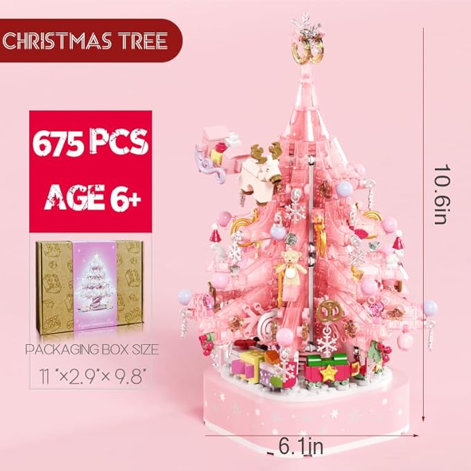 Christmas Tree Building Blocks Set, 675 PCS Pink Crystal Music Box with LED Light Adult Idea Kids Girls Toy 8-12