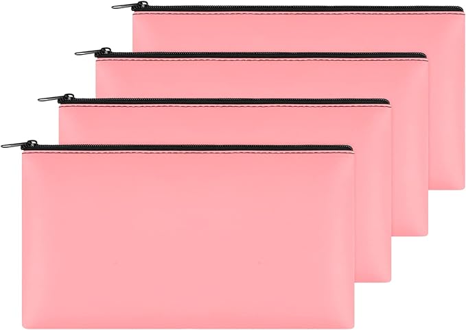 4Pack Money Bag 11 X 6" - Safe Durable Waterproof PU Leather Bank Pouch With Zipper for Cash, Coins, Checks, Makeup, Bills, Receipts, Tool Storage (Pink)
