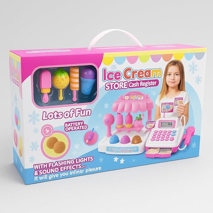 Ice Cream Store Mini Cash Register with Pretend Play Desserts, Working Scanner, Calculator, Microphone, Money and Credit Card