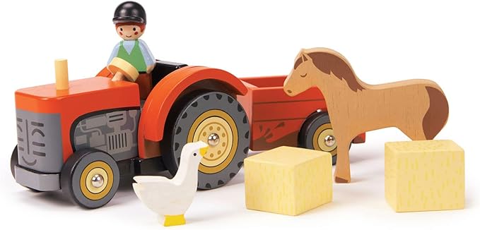 Tender Leaf Toys - Farmyard Tractor - Wooden Tractor Toy with Removeable Trailer, Animals and Accessories - Open-Ended Play Toy, Farm Pretend Play for Boys and Girls - Age 18m+