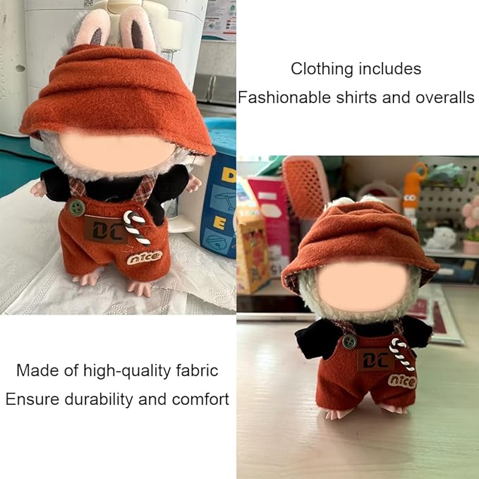 17cm Clothes Set, Cute Hat Unique Pocket Design Overalls Dress up Set(NO Doll), Handmade Clothing Designed for 17cm Doll (Brown Set)