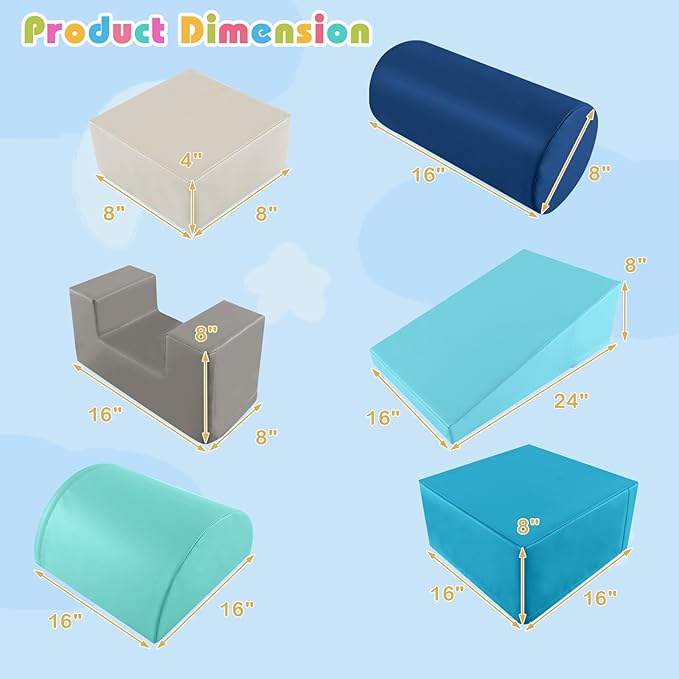 HONEY JOY 6-Piece Climb and Crawl Playset, Soft Climbing Foam Block Activity Play Structure Gym Equipment for Infant Baby, Color Coordination, Waterproof Indoor Climbing Toys for Toddlers (Blue)