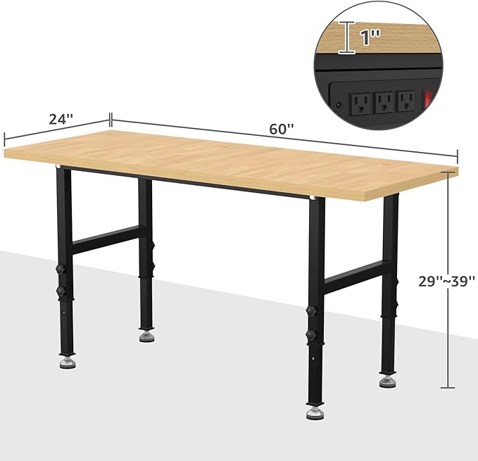 60" Adjustable Workbench,Heavy-Duty Work Table,3000 LBS Load Capacity Particleboard Hardwood Workstation Outlets with Fixed feet,for Workshop, Garage
