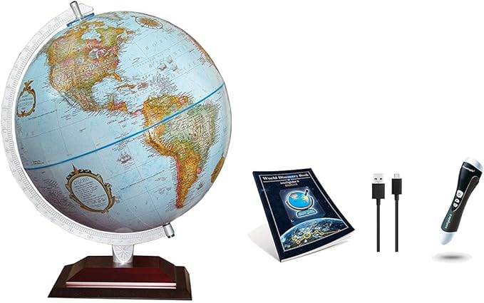 Alamo Intelliglobe Globe: 12" Raised Relief US Cartography with Hardwood Base & Pen/Book Kit - Over 30,000 World Facts & Games