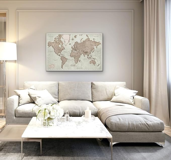 Canvas World Map with Cork Pin Board - English Lettering - Decorative Wall Decoration for All Rooms - Canvas Pictures with World Map Motif (90x60 cm, Pattern 19)