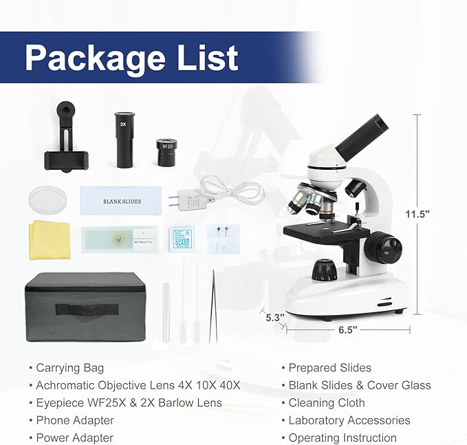 Microscope for Adults Kids Students, 100X-2000X Microscopes, Metal-Body Dual LED Illumination, Biological Compound Monocular Microscope Kit for School Lab, Homeschool w/Phone Adapter