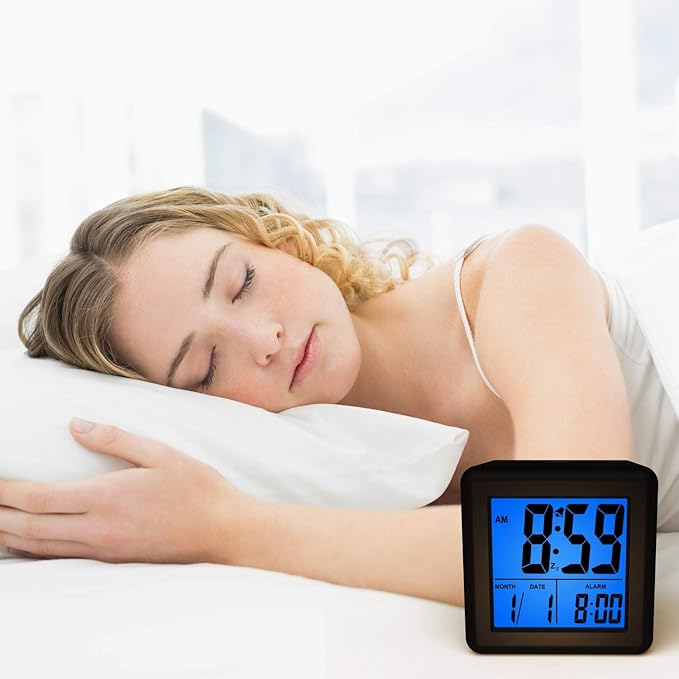 Plumeet Digital Alarm Clock Kids Alarm Clock with Snooze and Nightlight - Easy Setting Silicone Clock Display Time, Date - Loud Alarm Clock for Bedroom - Battery Powered (Black)