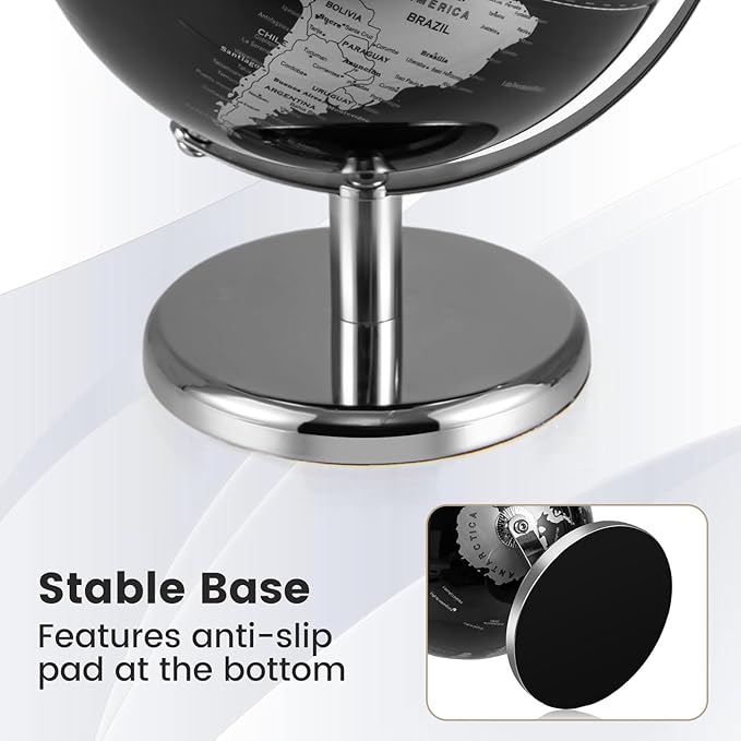 Goplus 8-Inch Metallic Black World Globe, Rotating Earth Globe w/Metal Stand, Educational Learning Teaching Gift, Modern Desktop Decoration for Home, Office (Black + Silver)