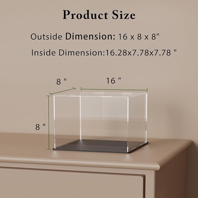 SVENJBB Display Case for Long Model Cars, 16x8x8 Inch Acrylic Box for Trucks and Trains , Clear Acrylic Display Cases with Matte Black Base for Collection Protection and Storage