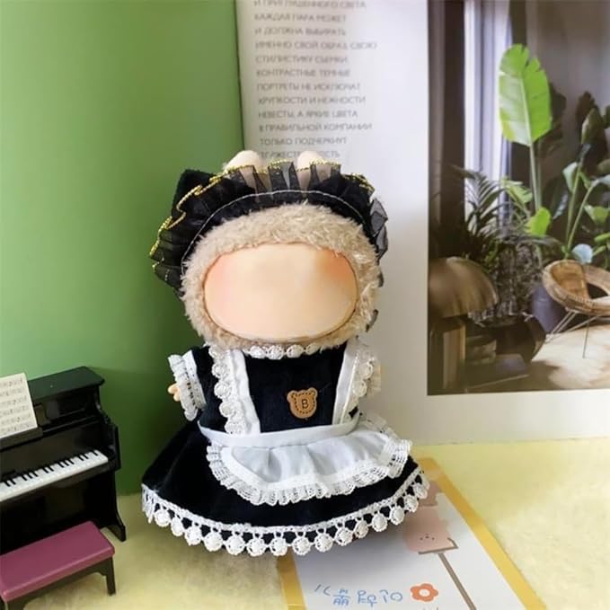 17cm Doll Clothes Set(No Doll), Hat & Overalls Set Dress for 17cm Labubu Suit, Cute Cloth for Dress up Unique Style Dolls Outfit Stylish Clothes for Labubu (Maid Dress)