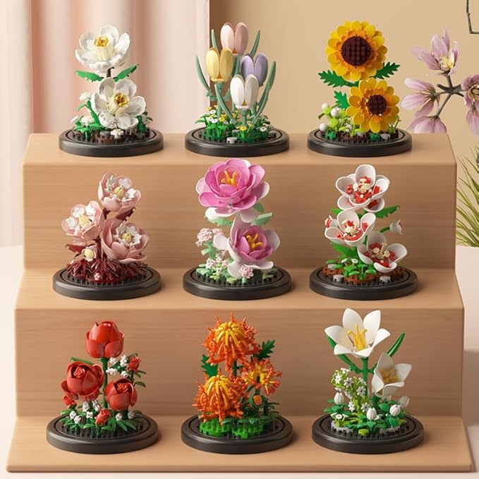 Creative Botanical Micro Blocks Set with Display Cover- 550PCS Artificial Chrysanthemum, Peony and Hibiscus, Perfect DIY Gift for Adults, Teens and Flower Lovers