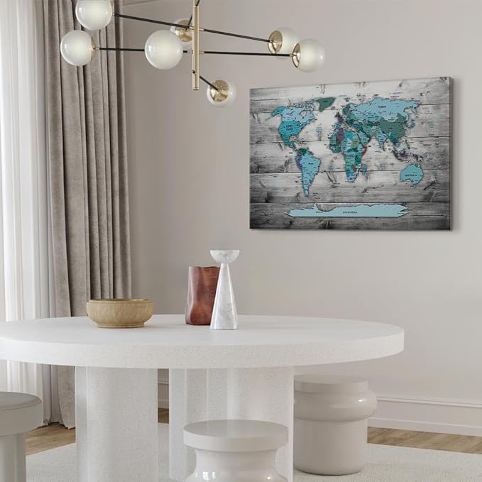 artgeist Acoustic Canvas Wall Art Print World Map 35x24 in - 1pcs Picture with Acoustic Foam Sound Print Artwork Room Acoustics Soundproofing World Travel Map Wood k-B-0009-b-d