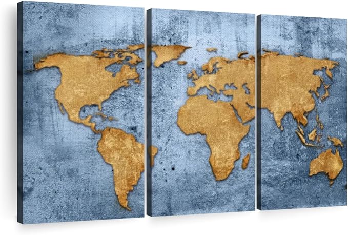 ElephantStock Azure World Map Wall Art Multi Piece Canvas - 3 Panel Wall Decor - Map of the World Art - Canvas for the Office and Home - 38" X 24"