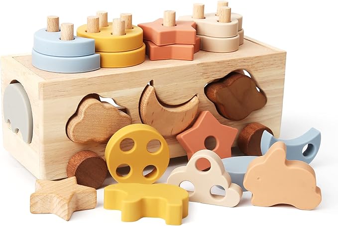 Shape Sorters for Toddlers 1-3, Wooden Toddler Toys, Montessori Toy Sorting & Stacking Toys, Shape & Color Recognition Educational Toys Learning Activities for Baby Boys Girls 1 2 3 Year Old