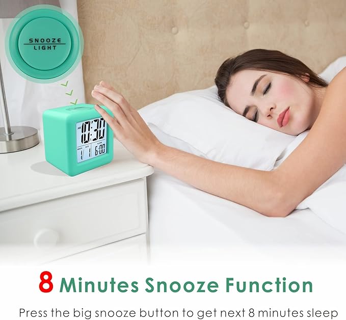 Plumeet Digital Alarm Clock Kids Clock with Snooze and White Nightlight - Easy Setting Travel Alarm Clocks Display Time, Date, Alarm - Ascending Sound - Battery Powered (Cyan)