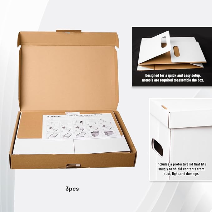 NUMINA Comic Book Boxes – 3 Pack Short Boxes | Fits 150–175 Comics | Comic Book Storage Organizer for Silver & Current Age | Durable Stackable Cardboard Box