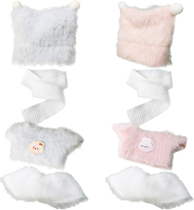 2 Sets of Clothes for Doll, 8 Pcs Accessories for 17cm & 15cm Outfits (No Doll), Double Joy Twin Pack - Fluffy: Blue hat + Blue Clothes + Pink hat + Pink Clothes + 2 White Scarves + 2 White Trousers